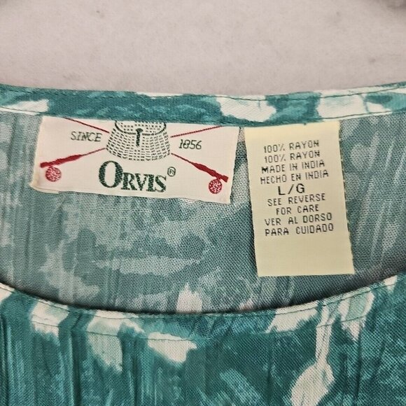 Vintage 90s Orvis Top Womens L Aqua Floral Shoulder Pads Travel Shirt 100% Rayon - Picture 2 of 7